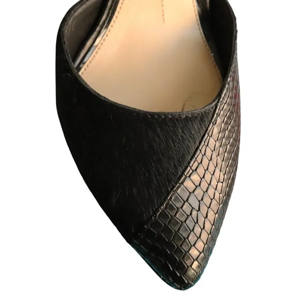 Gianni Bini Deeandra Heel Bow Ankle Strap Snakeskin Calf Hair Black 8.5 Stiletto